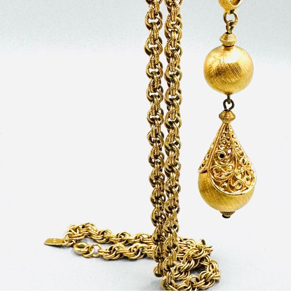 VTG Monet Bolero Brushed Gold Filigree Ball Drop Pendant Necklace - Picture 8 of 12